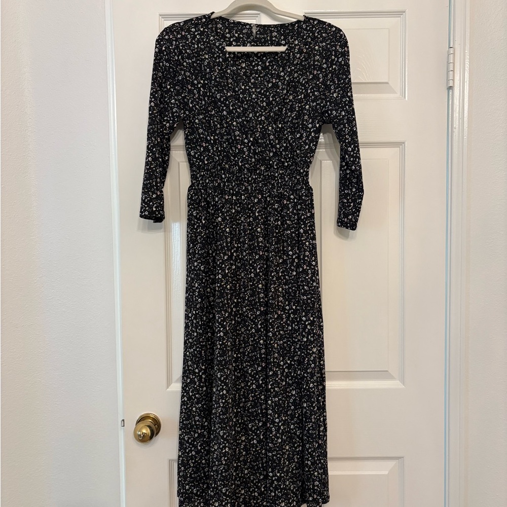 Casual 3/4 Sleeve Black Floral Dress